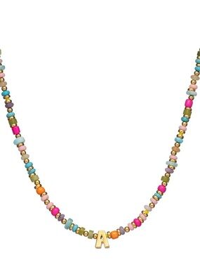 "A" Multi Semi Precious Gemstones Initial Necklace 24K Gold Plated NWOT